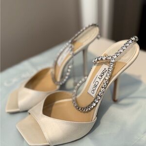 Jimmy Choo Ivory Saeda Satin Ankle Strap Sandal Heels